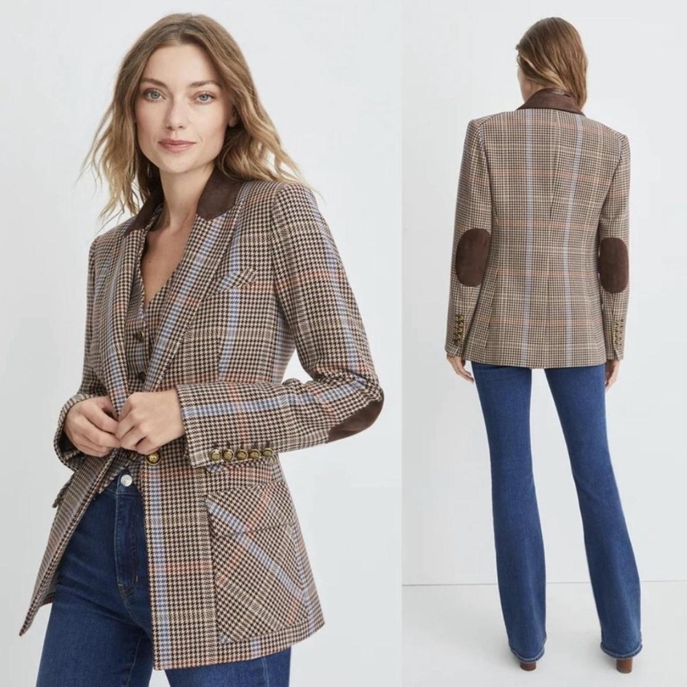Veronica Beard Brown Plaid Blazer with Suede Elbow Patches